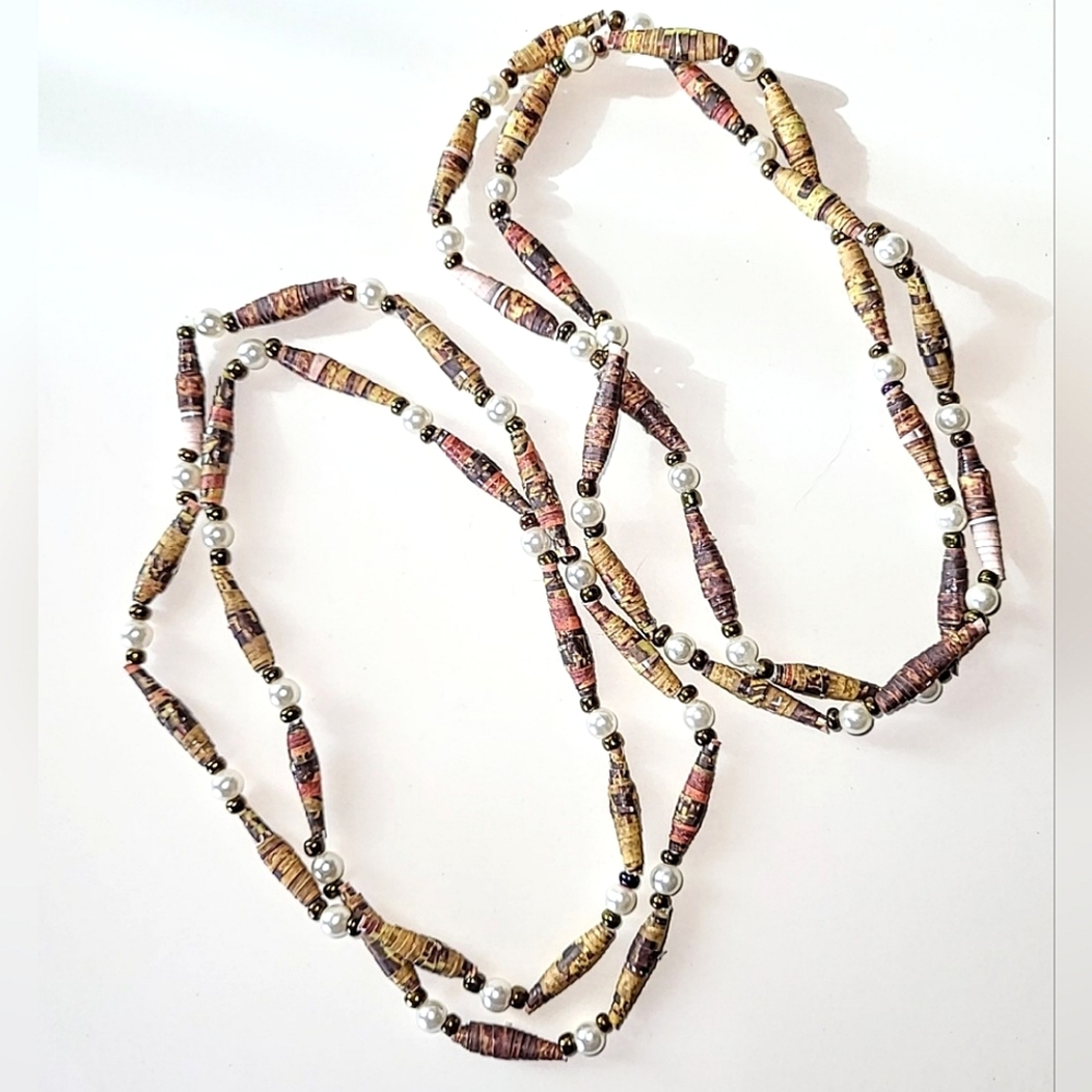 2 ROLLED PAPER BEAD NECKLACES - LIGHTWEIGHT - ABOUT 28" LONG EACH - Picture 2 of 6